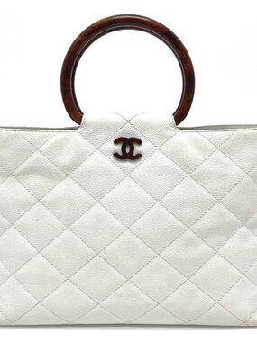 Chanel CC Vintage Caviar Leather Tote White Shoulder Bag Wooden Ring Handle